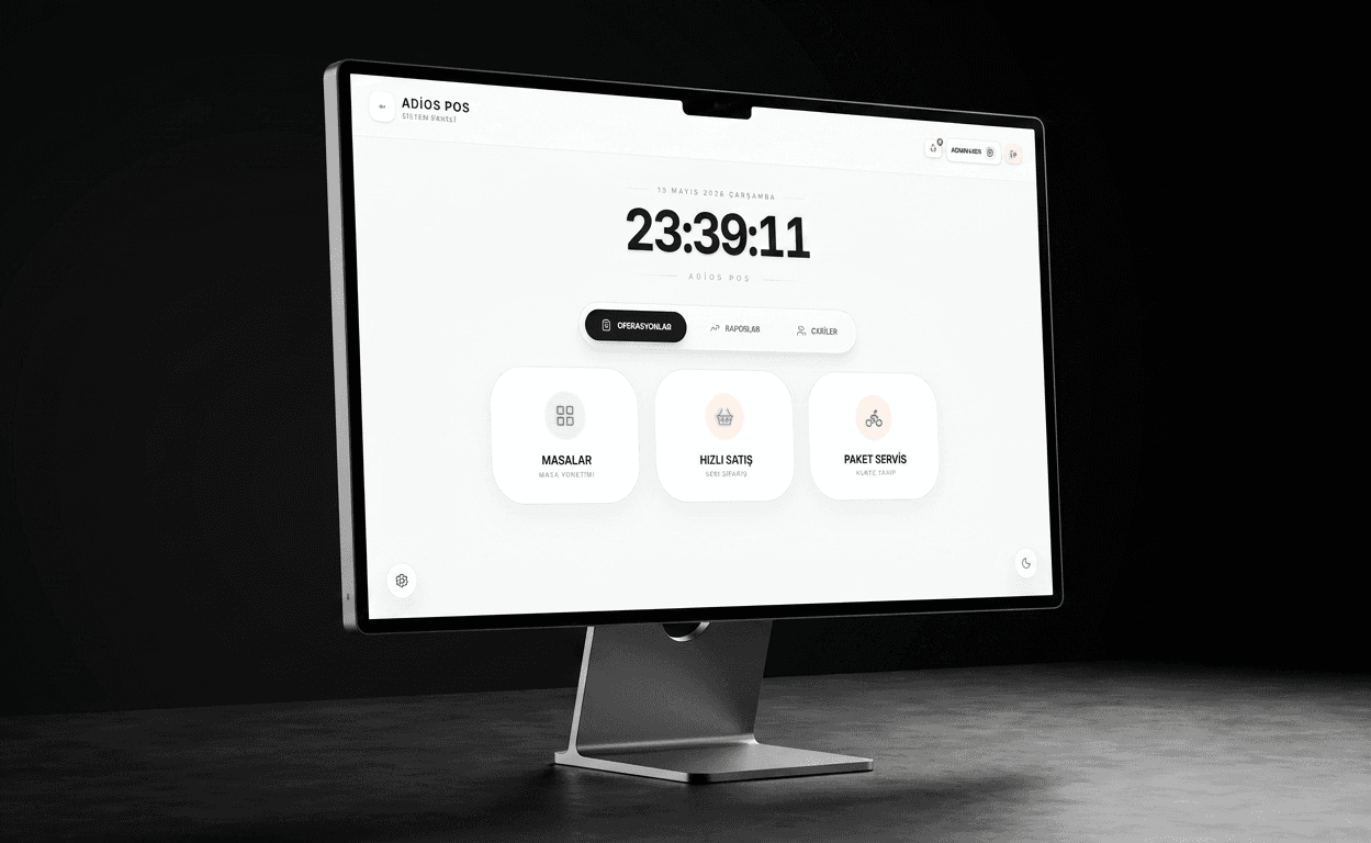 iMac ekranında Adios POS ana ekranı